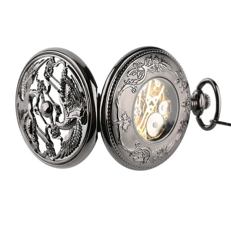 Luxus Mechanische Taschenuhr Schwarz Hohl Doppel Kran Tasche Uhren Römischen Ziffern Zifferblatt Anhänger Uhr Geschenke für Männer Frauen