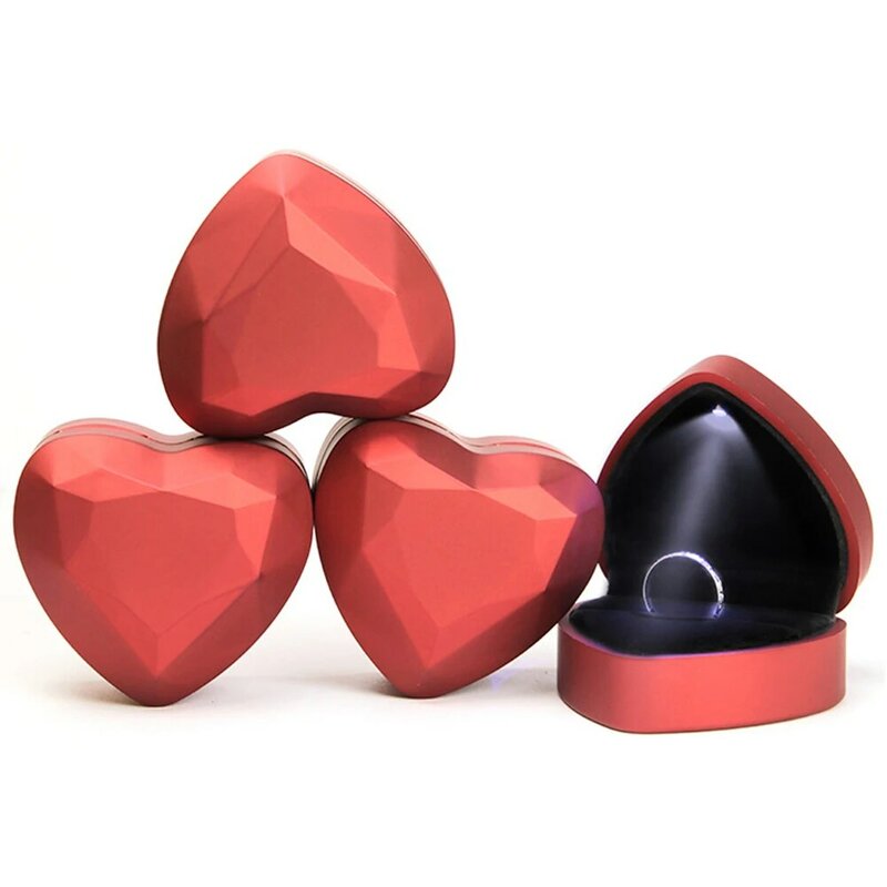 LED Light Holder Marriage Organizer Heart Shape Display Velvet Ring Box Wedding Proposal Jewelry Storage
