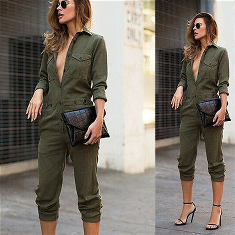 Sexy Women New Fashion Slim Bodycon Jumpsuit Long Sleeve Army Green Solid Casual Bodysuit Ladies Vintage Romper Long Jumpsuit