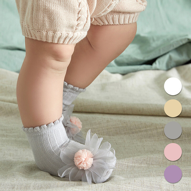 Un paio di calzini antiscivolo per neonate 0-12/12-24 mesi doppio ago grande fiore sciolto calzini di cotone aperti calzini per neonati