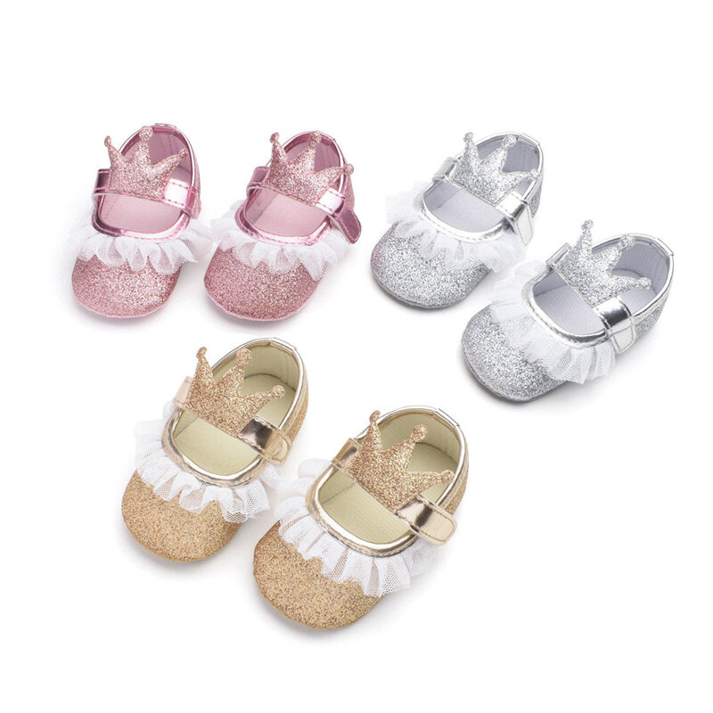 Jolies chaussures couronne pour bébés filles, chaussures CPull pour nouveau-né, princesse, dentelle, semelle souple, chaussures non ald, Prewalker