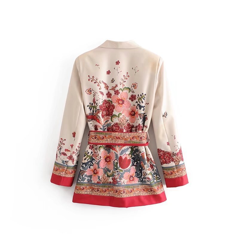 Vintage Print Weibliche Anzug Jacke Mit Gürtel Breite Bein Hose Anzug Set Harajuku Frauen Mantel 2020 Frühling Elegante Outwear Dame blazer