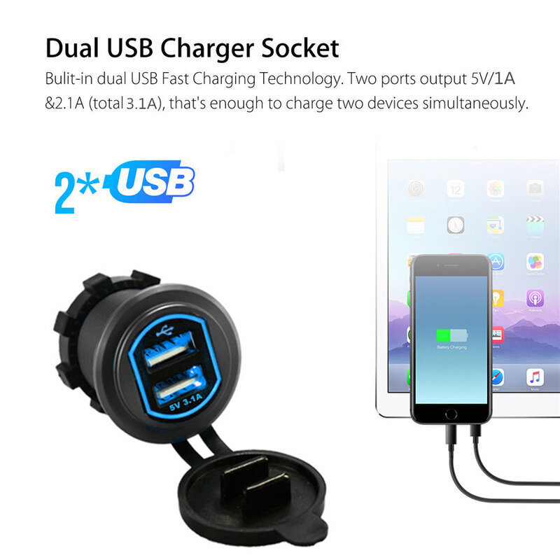 Cargador doble USB para coche, barco y motocicleta, toma de corriente LED 2,1a y 1A (3,1a) con cable en línea, fusible 10A