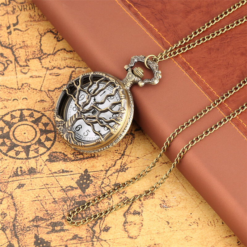 レトロな透かし彫りの懐中時計ネックレス,ハーフハンター,ブロンズ,大きな木のデザイン,ペンダント,古いファッションフォブ,ポケット時計