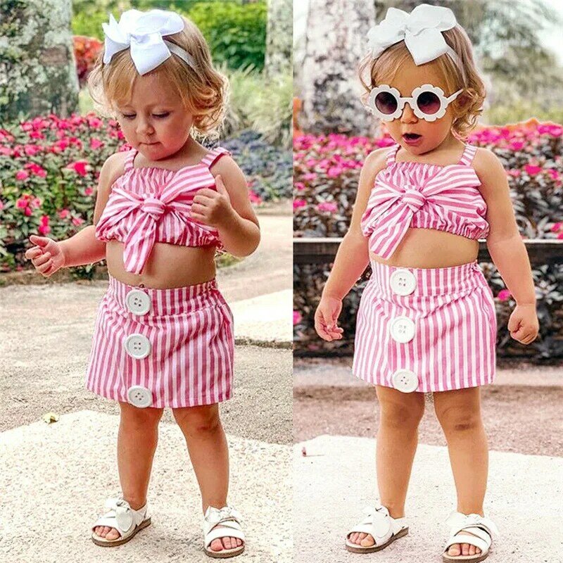 Bonita do Verão Tarja Roupas de bebê Recém-nascido Kid Baby Girl Outfits Bowknot Strap Mangas Top Saias Botão 2 Pcs Bebê Menina Conjuntos