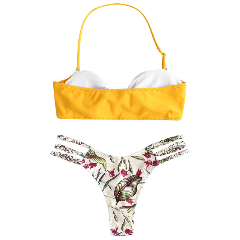 ZAFUL węzeł marszczonej liść drukuj pleciony Bikini Set Strappy Halter Bandeau Bikini niski stan stroje kąpielowe kobiety Bikini Mujer