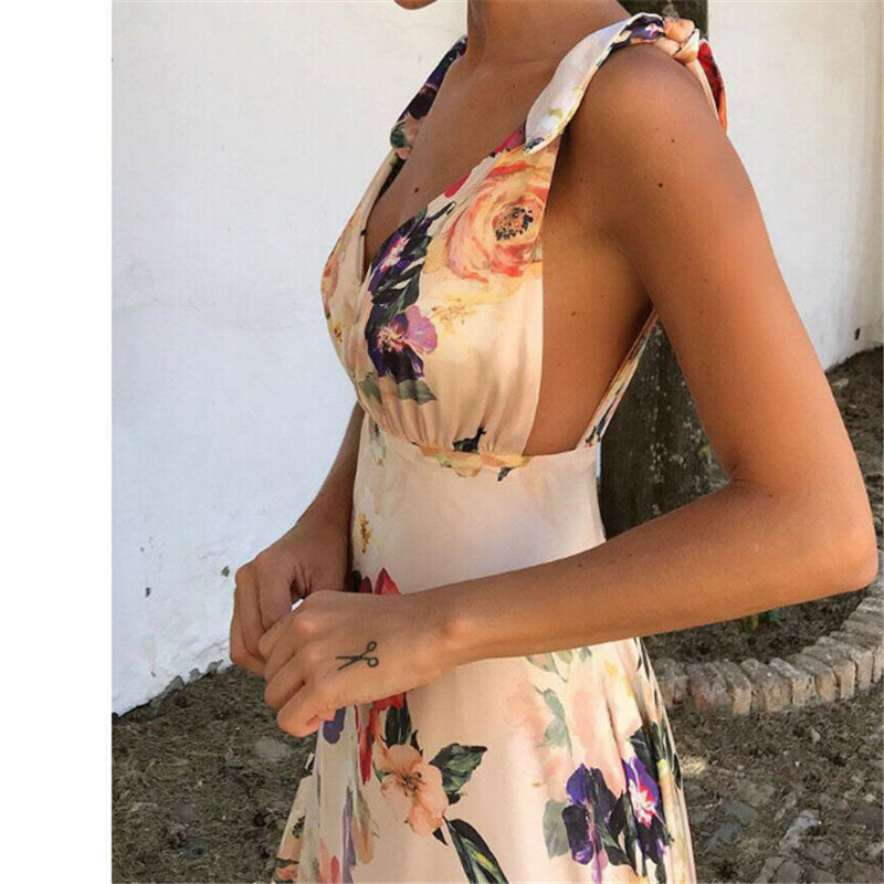 Sukienki w kwiaty, kobiety, lato, bez rękawów, dekolt w kształcie litery v Backless w stylu Vintage długie Boho koktajlowe na co dzień luźne plaża różowy sukienka 2019