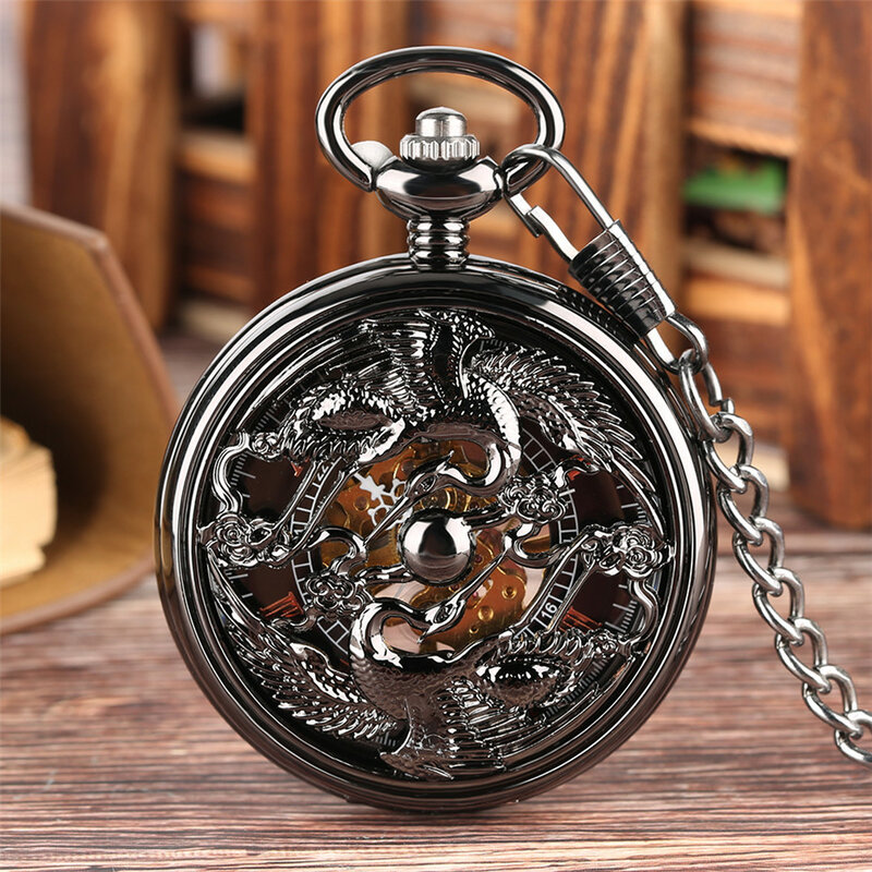 Luxe Mechanische Zakhorloge Black Hollow Dubbele Kraan Pocket Horloges Romeinse Cijfers Dial Hanger Klok Cadeaus Voor Mannen Vrouwen