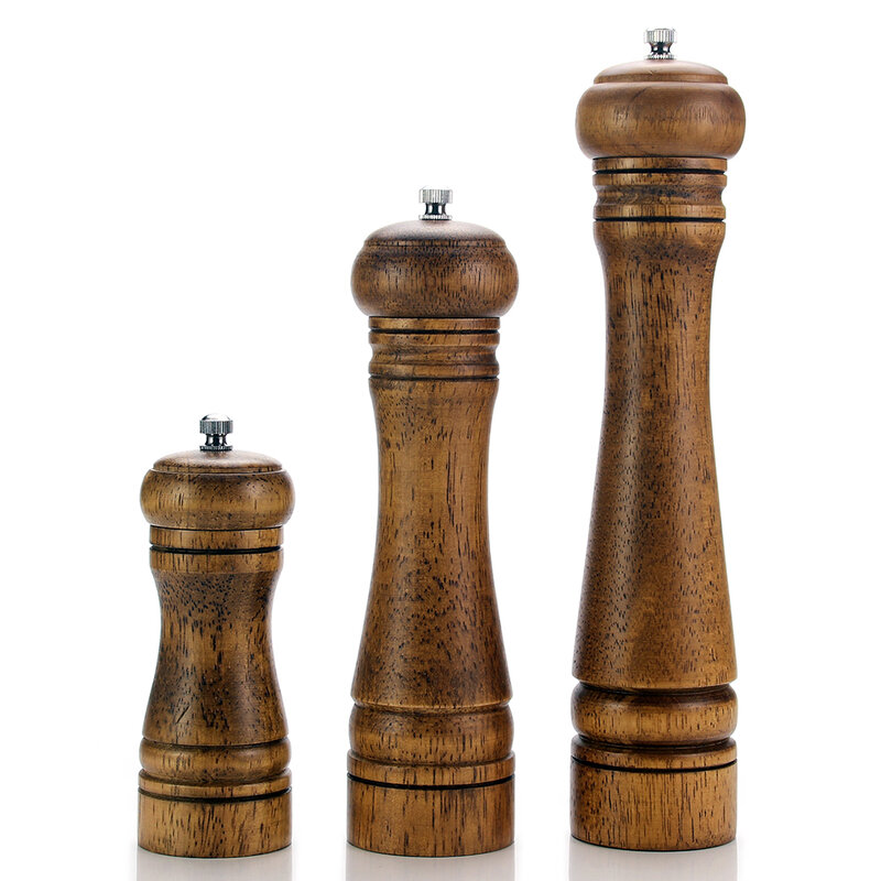 Wood Salt and Pepper Mill Set and Tray, Pepper Grinders, Salt Shakers with Adjustable Ceramic Rotor-5/8/10 inches