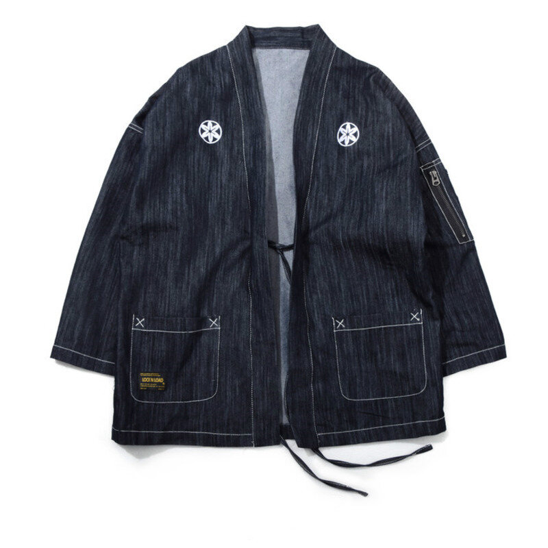 #4201 Jaket Kimono Pria Jepang Mode Jalanan Kardigan Denim Jaket Penahan Angin Pria Harajuku dengan Bordir Ukuran Plus