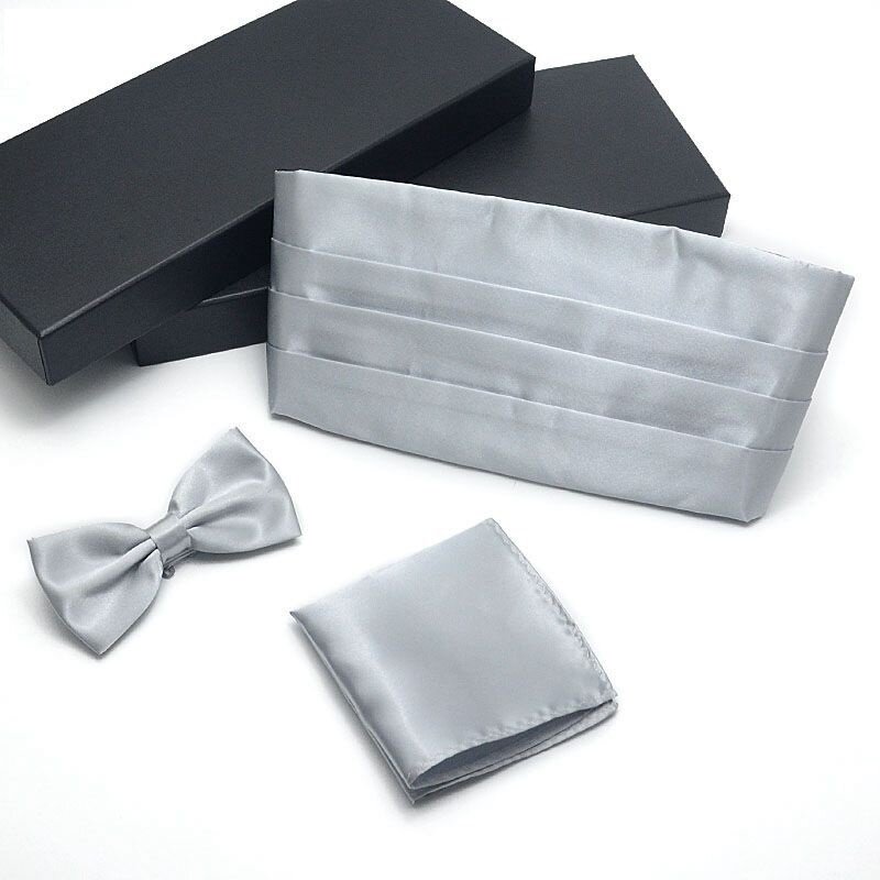 3pcs Men's Gown Cummerbund  Sets Bow Tie Pocket Square Wedding Party Suit Belt Ceremonial Belt