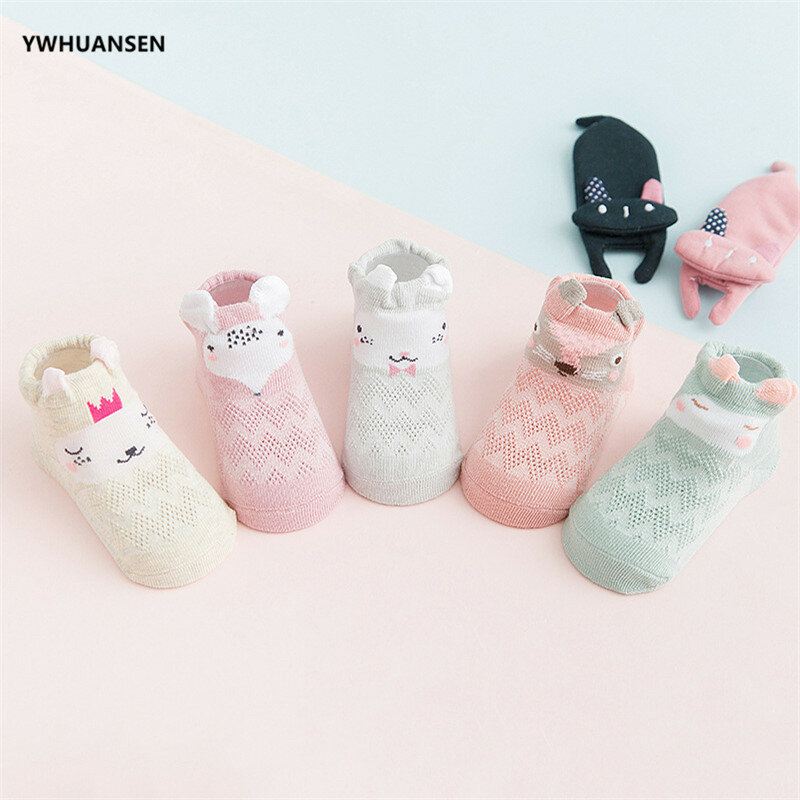 Ywhuansen-malha meias para bebê recém-nascido, meias finas e macias de algodão, design bonito dos desenhos animados, para menino e menina, conjunto de 5 pares/lote