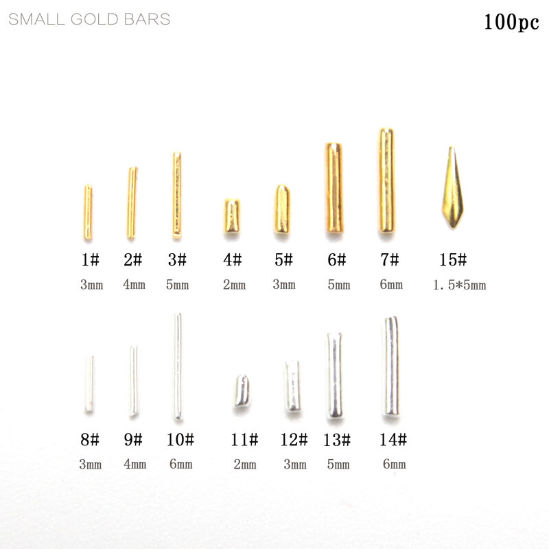 100 Stks/partij Gold Bar Metalen Klinknagel Japanse 15 Klinknagel Metalen Legering 3D Diy Nail Versiering Nail Ornamenten