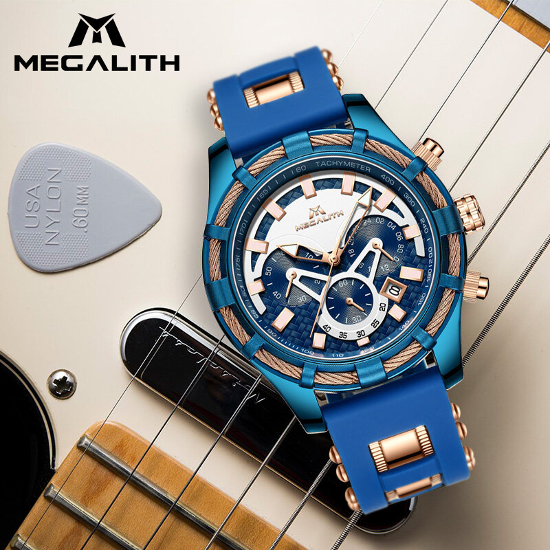 MEGALITH Mens Relógios Top Marca de Luxo Azul Silicone Strap Waterproof Sports Quartz Chronograph Relógios de Pulso Relogio masculino