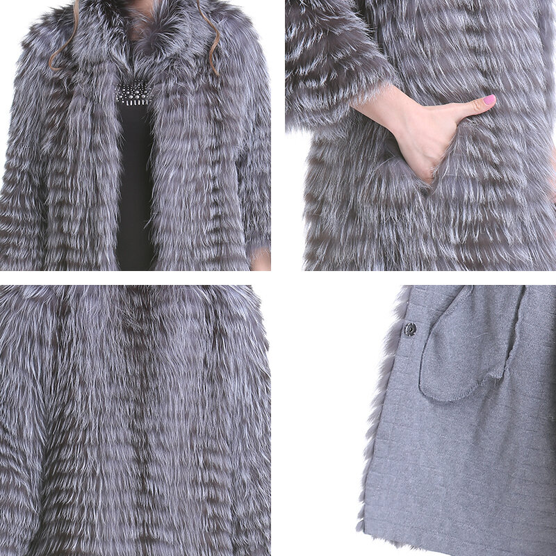 Abrigos de piel de zorro Natural para mujer, chaquetas largas de punto de piel auténtica, moda de lujo, Otoño, 2020