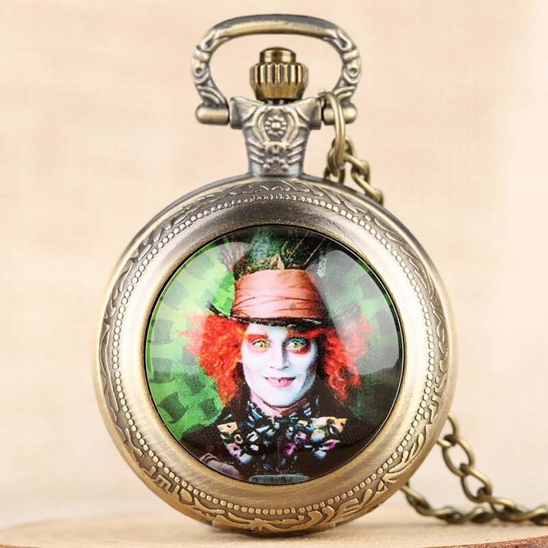 Średniej wielkości kieszonkowy naszyjnik Watcg szalony kapelusznik wzór kieszonkowy zegarek kwarcowy słynny zegarek mężczyźni wisiorek z zegarem prezent dla kobiet mężczyzn