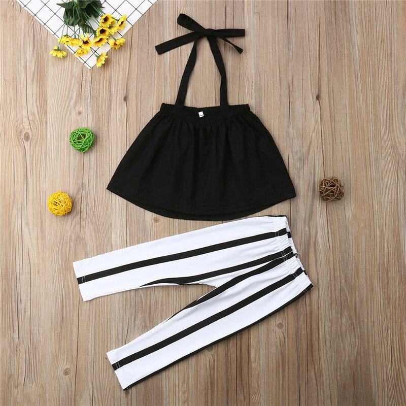 1-6Y Cute Girls Summer Clothing Kid Strap Tops+Striped Pants Leggings 2pcs Outfits Kids Fashion Clothes toddler girl clothes