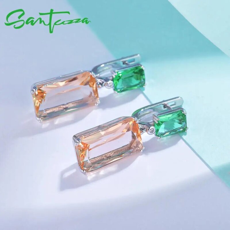 SANTUZZA Silver Earrings For Women 925 Sterling Silver Shiny Green Champagne Crystal Dangling Earrings Fashion Jewelry