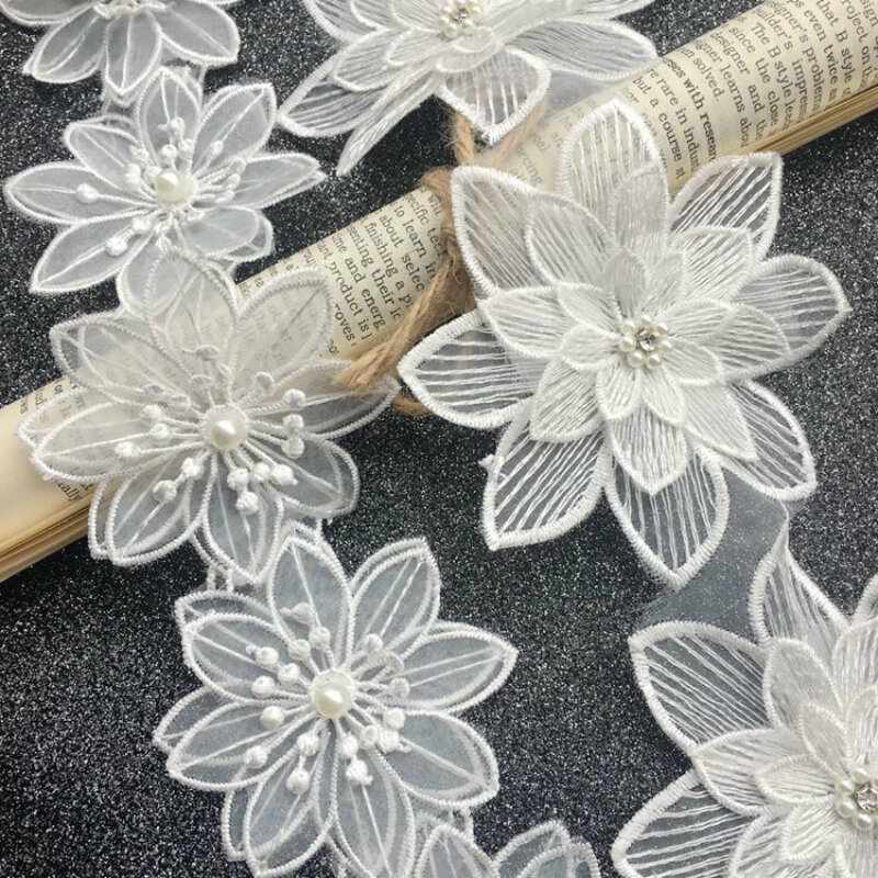 Luxury White Organza Tulle Lace Fabric 3D Beads Flowers Embroidery Ribbon Trim Edge For DIY Sewing Neckline Garment Dress Decor