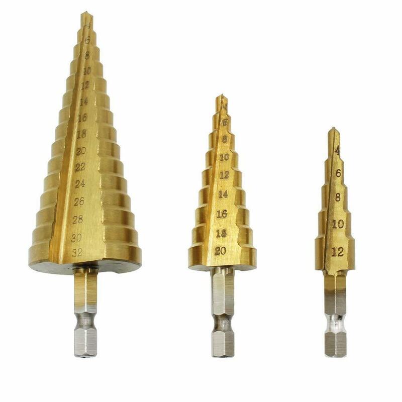 Broca cone para metal e plástico com gradação, 3 pçs hss cônico 4-12/20/32mm 1/4 "de metal revestido de titânio hex cone