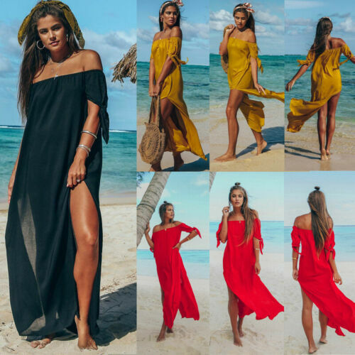 Novas Mulheres Maxi Summer Beach Cover Up Saia de Férias Vestido Longo Fora Do Ombro Cor Sólida Maiô Beachwear
