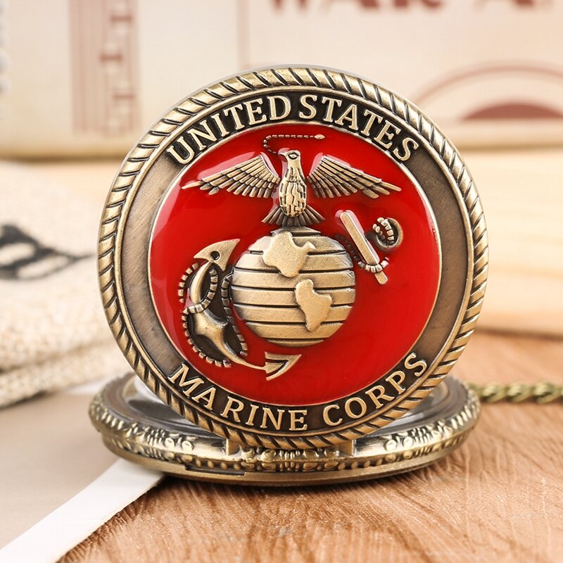 Vintage United State Marine Corps temat kieszonkowy zegarek kwarcowy moda czerwony pamiątka naszyjnik łańcuch zegarek wojskowy najlepsze prezenty