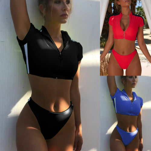 2Pcs Zip up Short Sleeve Sexy Bikini Set High Waist Swimsuit Bathing Suit Swimwear Beachwear New Women Padded Push-up