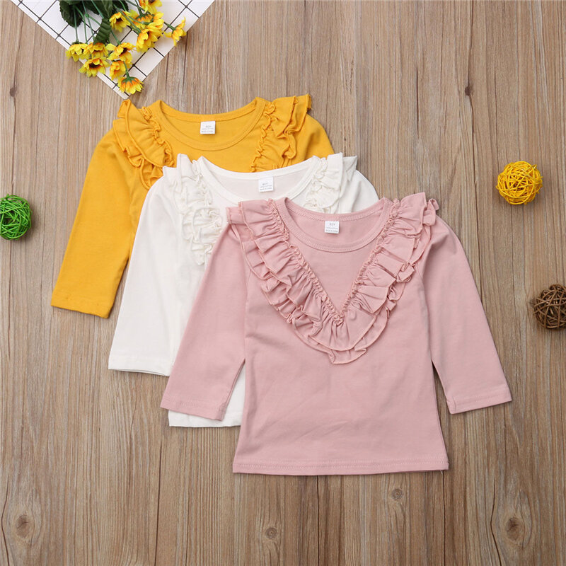 Модная однотонная блузка для маленьких девочек, осенне-зимняя хлопковая рубашка с длинными рукавами, винтажная блузка с воланами, топы, От 0 ...