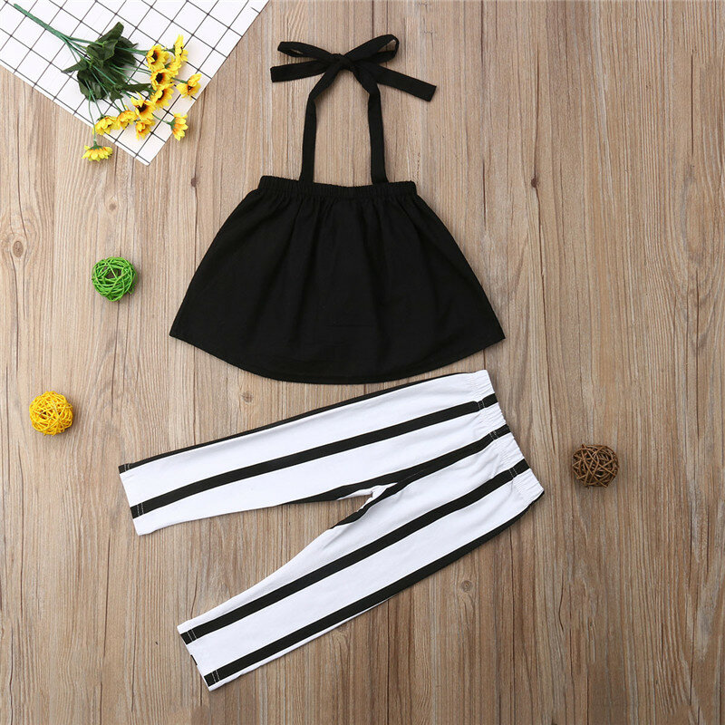 1-6Y Cute Girls Summer Clothing Kid Strap Tops+Striped Pants Leggings 2pcs Outfits Kids Fashion Clothes toddler girl clothes