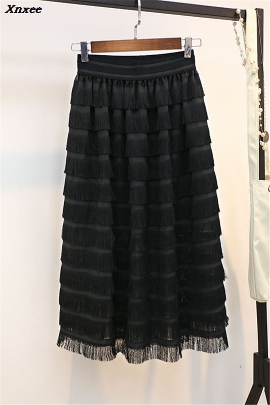 Damska spódnica z wysokim stanem letnia jednolita plisowana spódnica damska Saias Midi Faldas Vintage elegancka kobieca Tassel spódnica z tiulu Xnxee