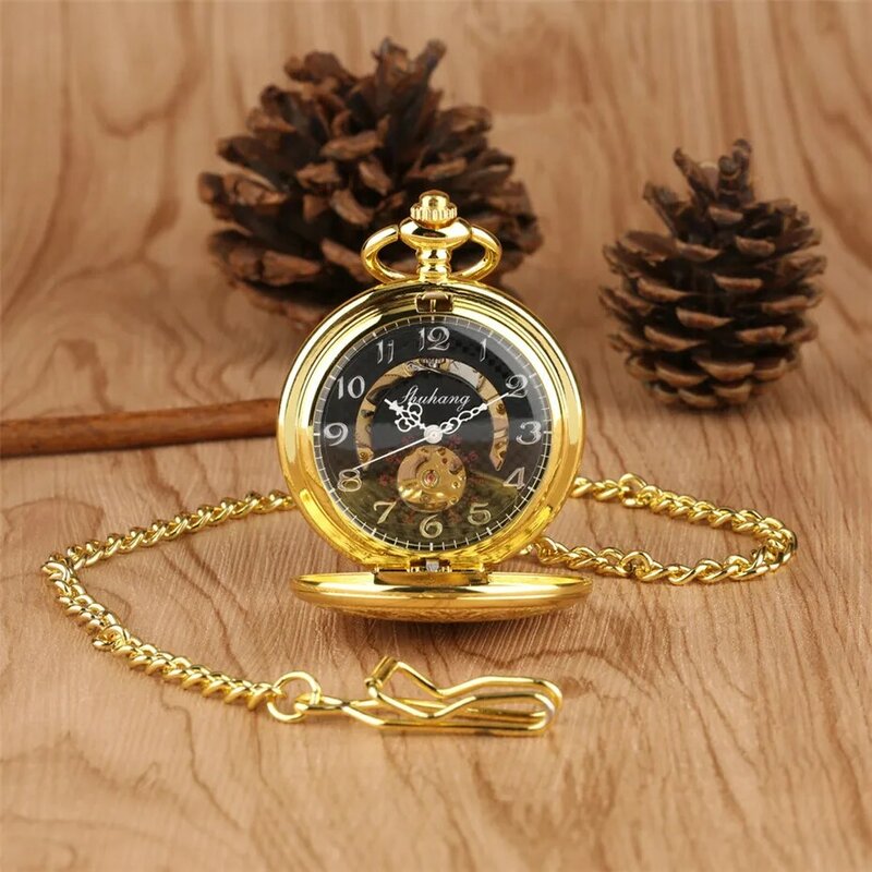 Ouro de luxo relógio de bolso mecânico requintado design mão vento pingente relógio fob bolso corrente para homens mulher reloj de bolsillo