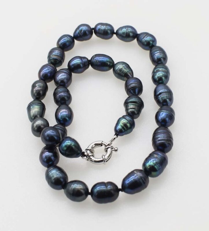 Collier de perles d'eau douce en forme d'œuf noir, 9 à 13mm, 17 pouces, cadeau naturel, vente en gros