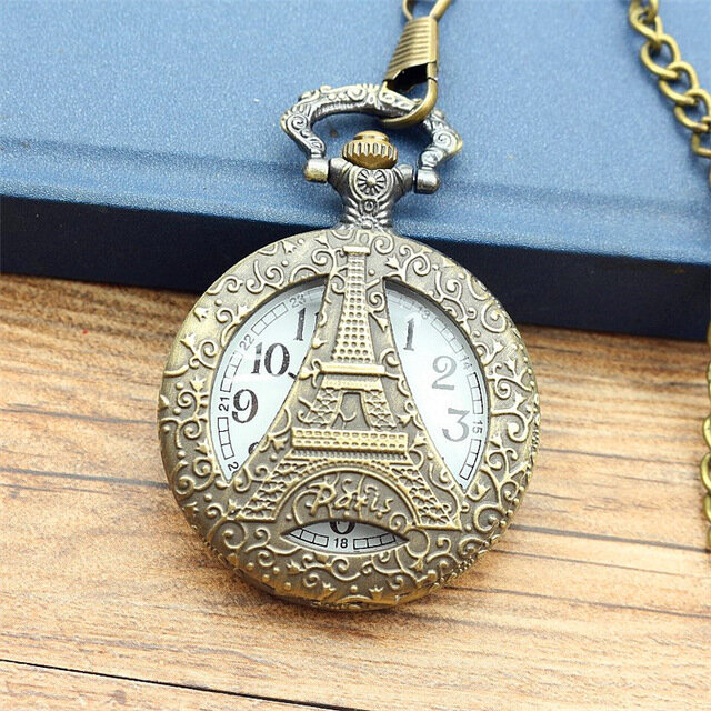 NAZEYT Free shipping Antique bronze hollow Eiffel Tower in Paris pocket watch pendant necklace men and women watch gift watch