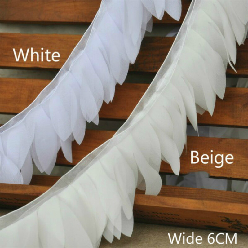 6CM szerokości biały beż 3D liści szyfonowa frędzle i koronka wykończenie tkaniny wstążka suknia ślubna pasek ozdoba na kołnierz DIY do szycia gipiury