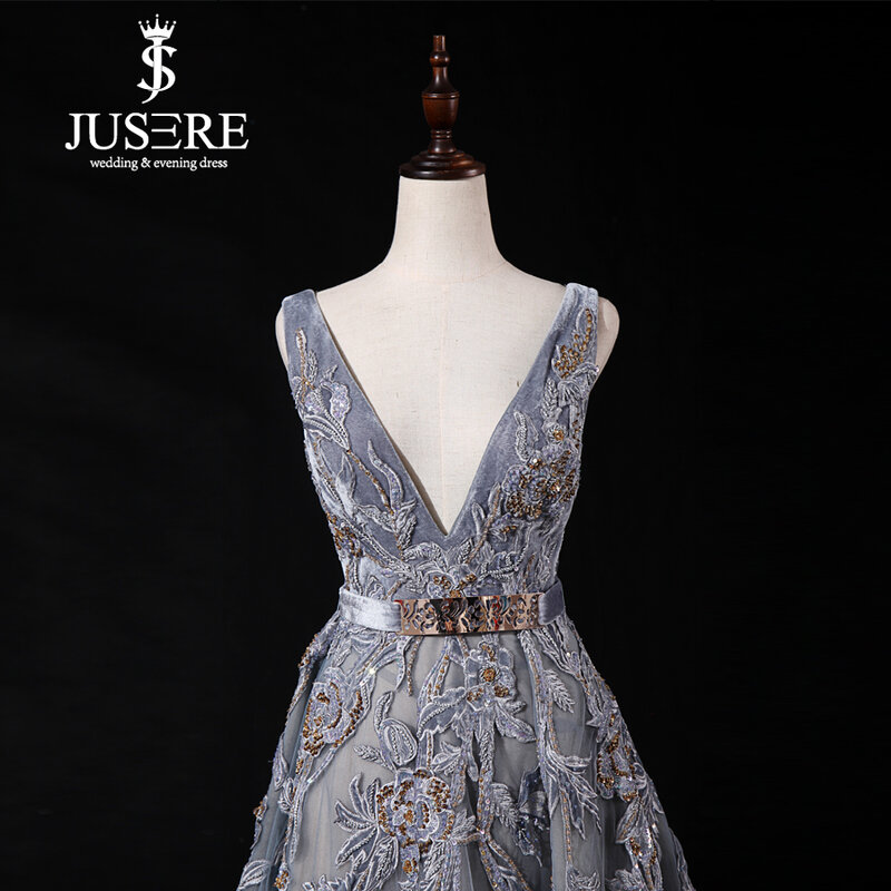 JUSERE-precioso vestido de noche con bordado, escote en V, sin mangas, para fiesta Formal, ZS016, 2019