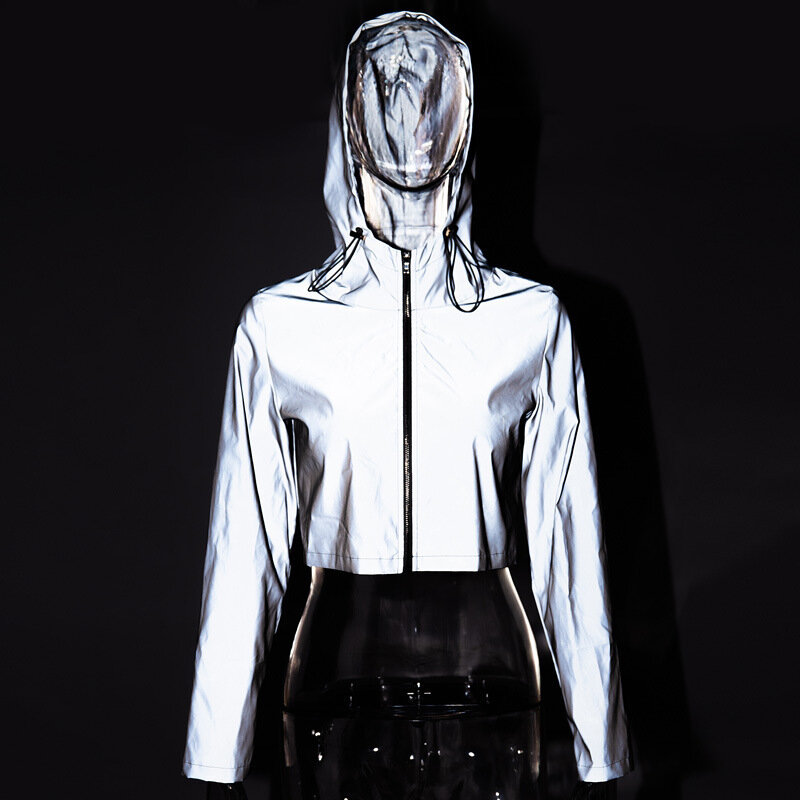 Ins Night Reflective Jackets 여성 코튼 후드 Streetwear 자켓 여성 긴 소매 자른 코트 Femme Loose Zipper Outwear