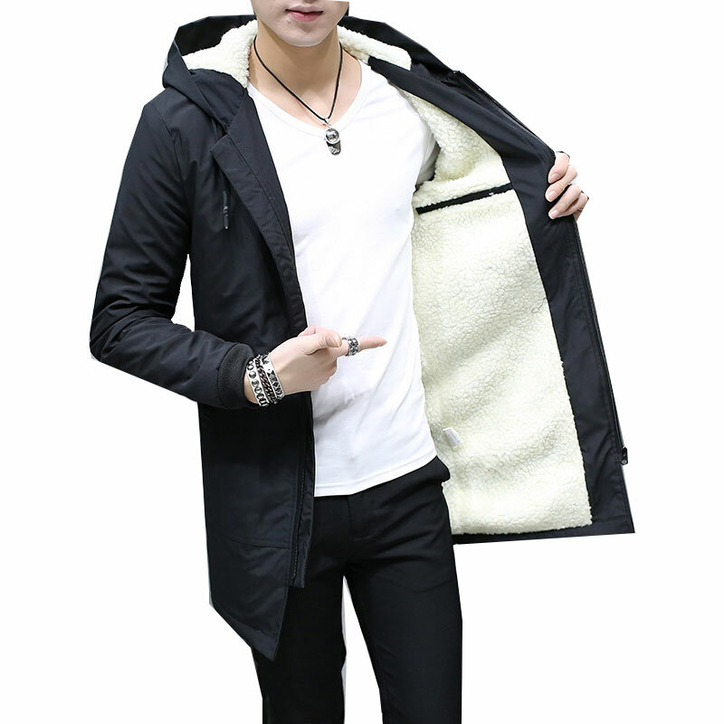 冬のジャケットの男性フード付き韓国パーカーロングジャケットコートカシミヤメンズウインドブレーカーパーカー綿の若者服サイズM-6XL