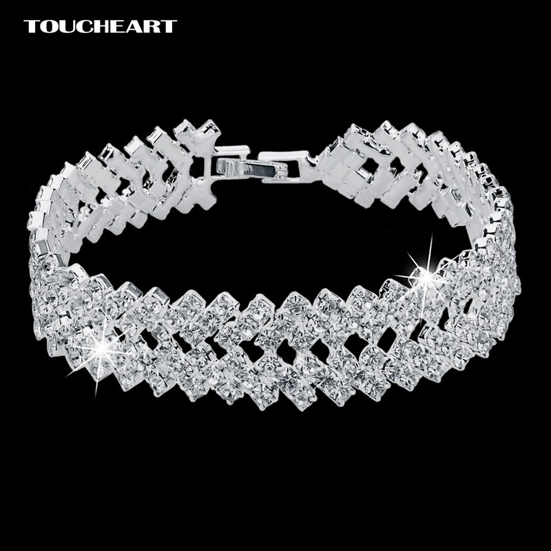 Luksusowy kryształ bransoletki dla kobiet kolor srebrny bransoletki i Bangles Femme biżuteria ślubna dla nowożeńców 2018 Vintage bransoletka SBR150218