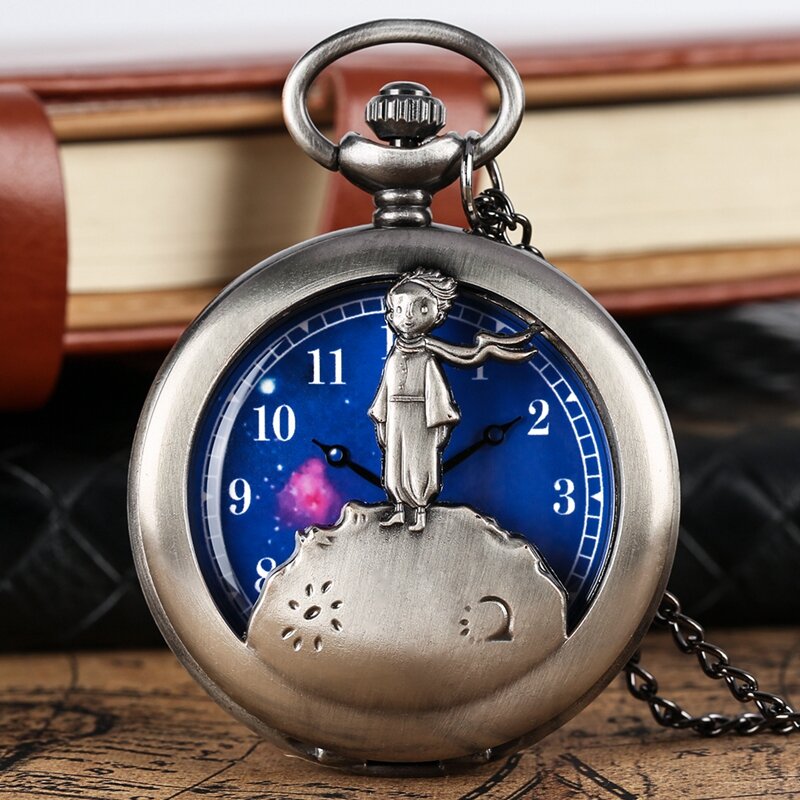 Retro Antique Bronze Little Prince Pocket Watch Vintage Fob Quartz Clock With Chain Necklace Pendant Gifts For Children Boy Girl