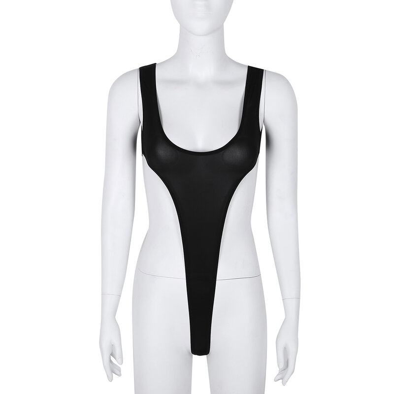 Women's Sheer Swimsuit Swimwear High Cut Thong Leotard Swimming Suit One Piece See Through Lingerie Deep Scoop Neck Bodysuit