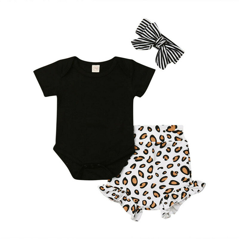 Lindo conjunto de ropa de verano para recién nacidos con estampado de leopardo para niñas, ropa de 2 piezas, traje de cuerpo de manga corta, pantalones cortos, trajes de verano