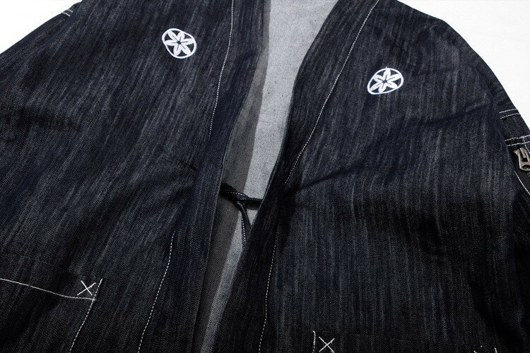 #4201 Jaket Kimono Pria Jepang Mode Jalanan Kardigan Denim Jaket Penahan Angin Pria Harajuku dengan Bordir Ukuran Plus