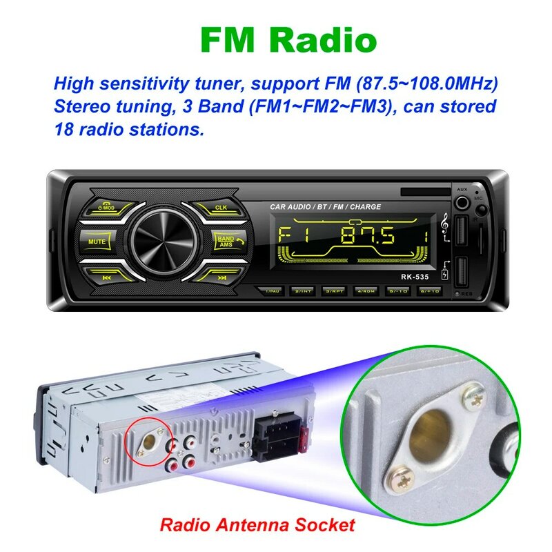 Rádio automotivo estéreo com controle remoto sem fio, bluetooth, mp3 player, usb/sd/aux/fm