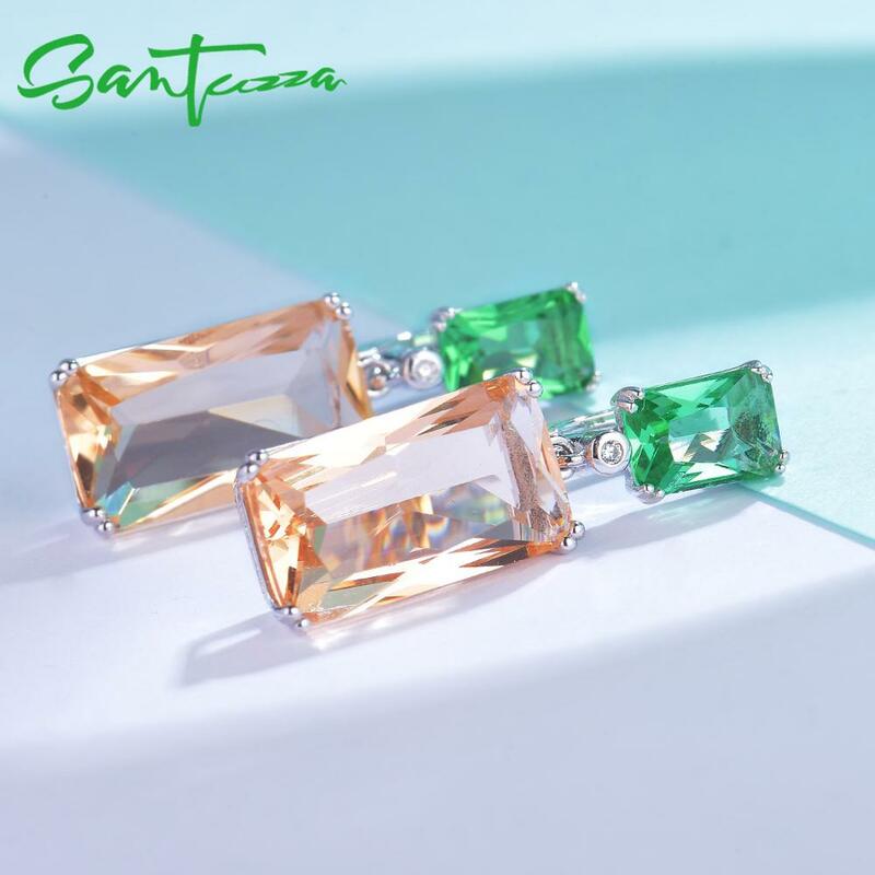 SANTUZZA Silver Earrings For Women 925 Sterling Silver Shiny Green Champagne Crystal Dangling Earrings Fashion Jewelry