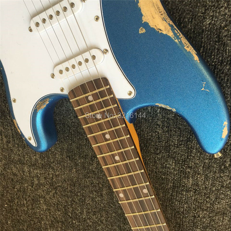 Estoque de violão elétrico antigo relígio, violão elétrico vintage, fotos reais, atacado e varejo, azul metálico