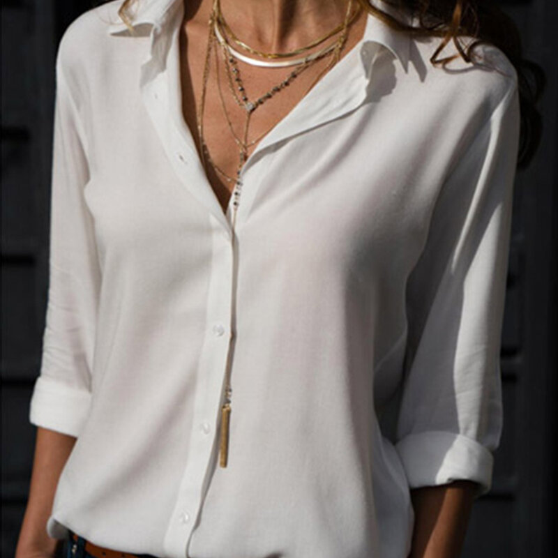 Gentillove-Blusa feminina de chiffon com decote em v, camisas femininas de escritório, tops elegantes, manga comprida, monocromática, casual, regular, verão
