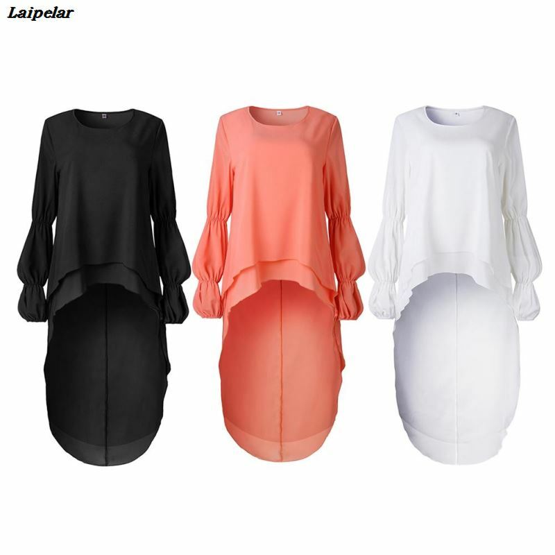 Длинная шифоновая блузка с рукавами-фонариками, асимметричная Асимметричная блузка с длинными рукавами-фонариками, осень 2020
