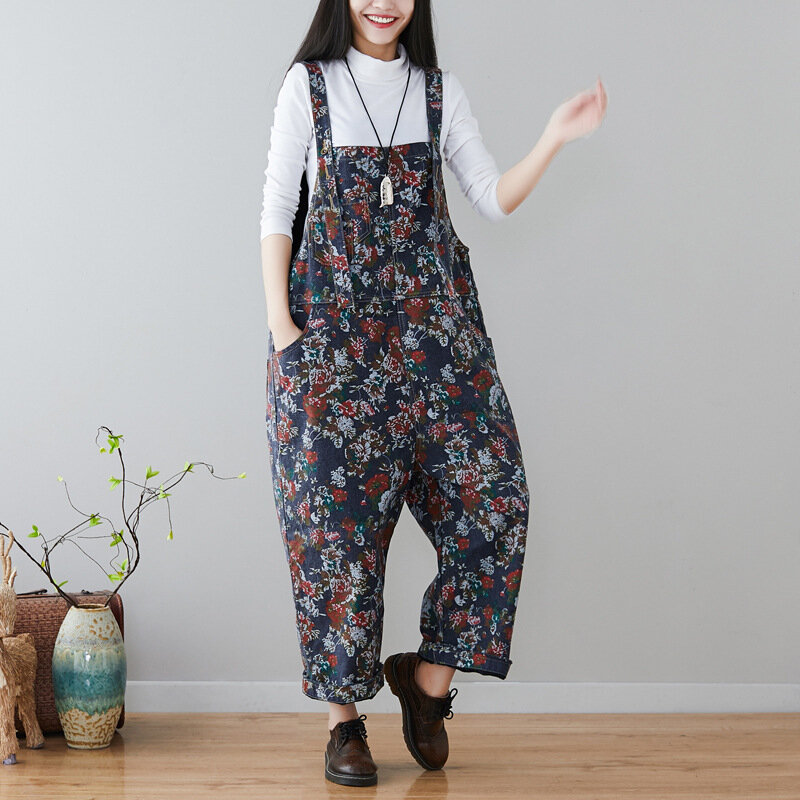 Vintage gewassen denim jumpsuit gedrukt lange wijde pijpen harembroek plus size losse Jumpsuit voor vrouwen verstelbare patchwork overalls