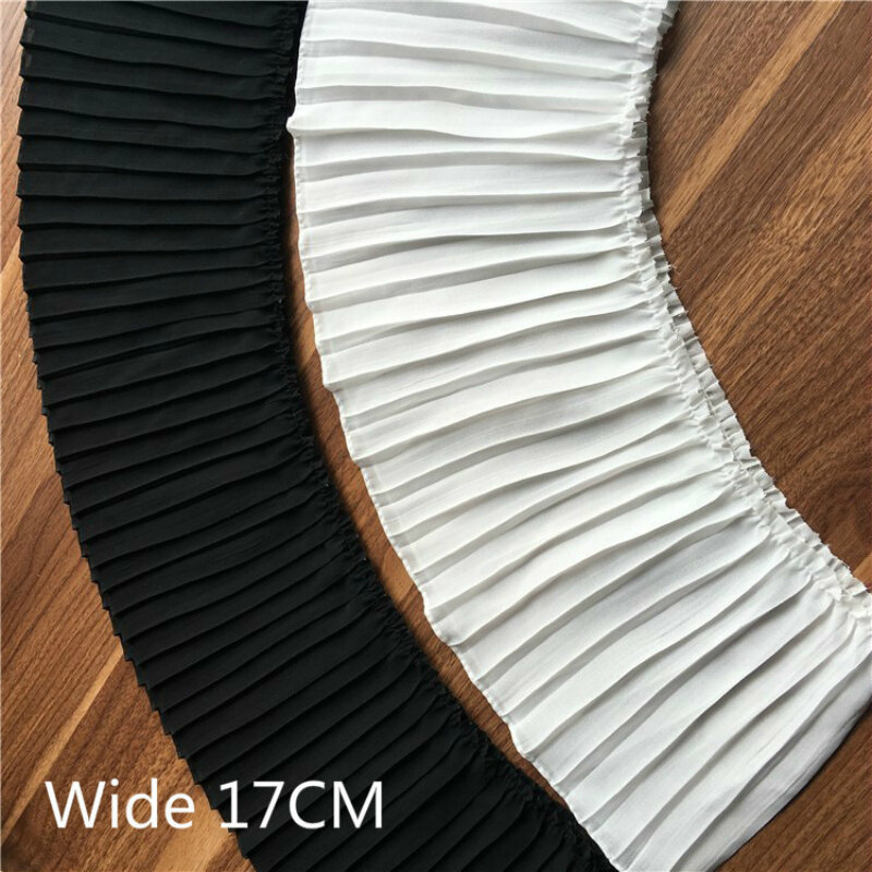 Cinta de gasa plisada de 17CM de ancho para vestido, cinta de encaje elástico plegable, apliques de cuello para suministros de costura, color blanco y negro