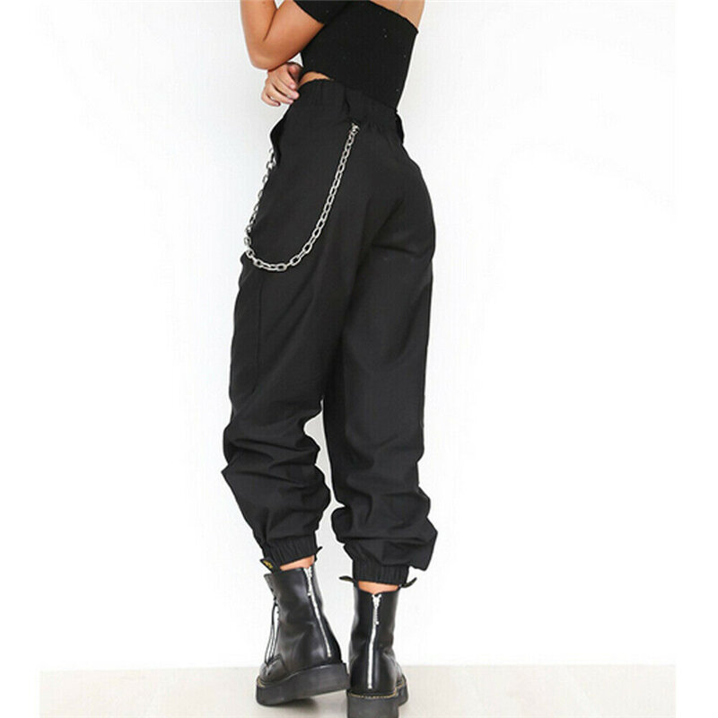Black Khaki Women Casual High Waist Cargo Pants Ladies Loose Fashion Solid Trousers Side Pockets Elastic Waist Capris Hot Sale